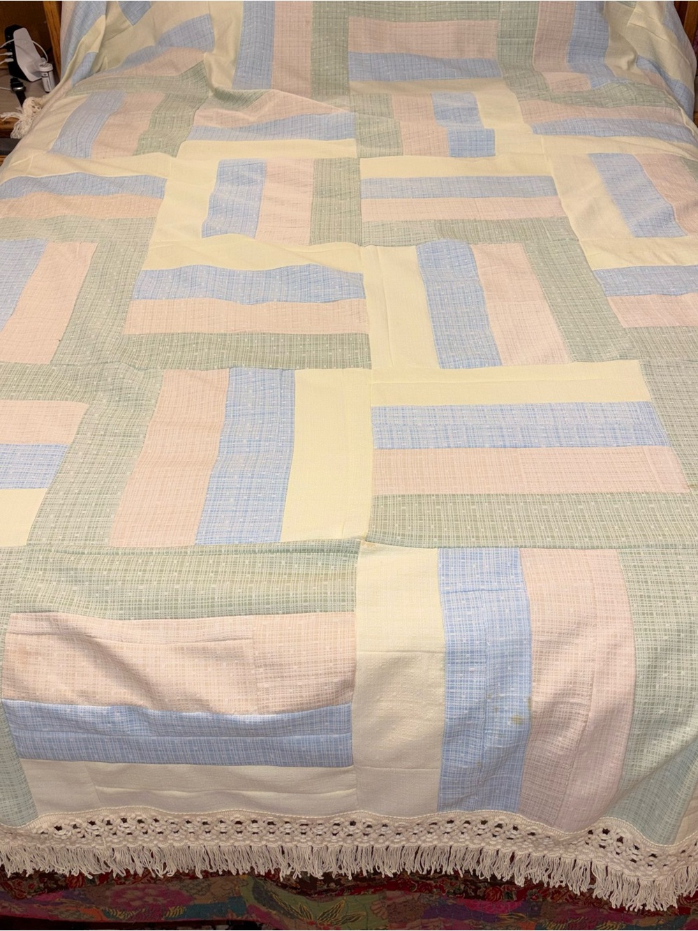 Pastel Patchwork Crochet-Trim Bedspread - White, Blue, Pink, Green - Picture 1 of 7